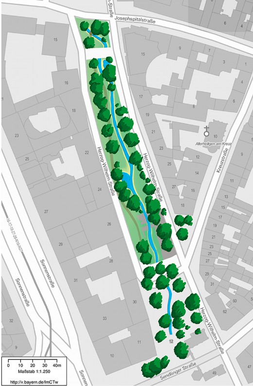 Lageskizze Stadtbach Herzog-Wilhelm-Straße, Visualisierung: Ingenieurbüro Patscheider und Partner, Oriana Taddeo