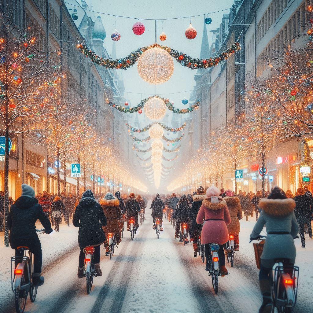 Winterliche Einkaufsstraße mit Radfahrern auf schneebedeckter Straße unter festlicher Weihnachtsbeleuchtung mit leuchtenden Kugeln und Girlanden